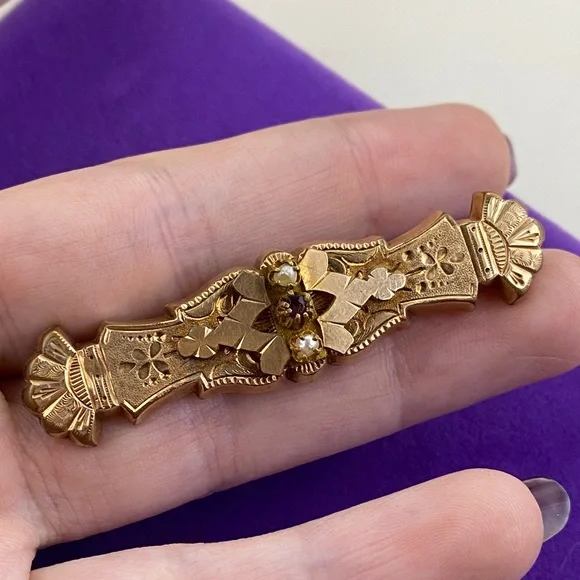 💛 Antique Gold Filled Ornate Seed Pearl & Paste Stone | Romantic Statement - Picture 8 of 9